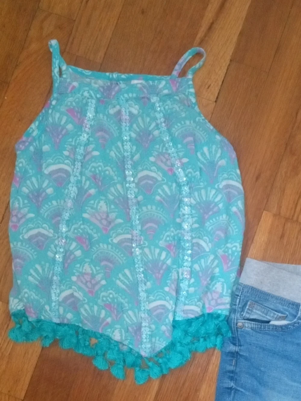 Turquoise Patterned Pom-Pom Tank Top & Light Blue Denim Shorts Set girl 10